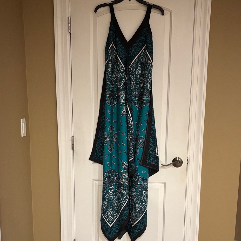 100% Silk Michael Kors Teal and Black Paisley Scarf handkerchief Maxi Dress S/M